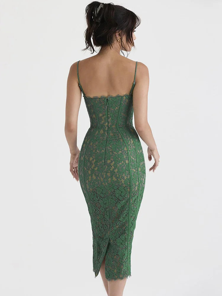 DressBetty - 2024 Spaghetti Strap Lace  Green Floral Dress