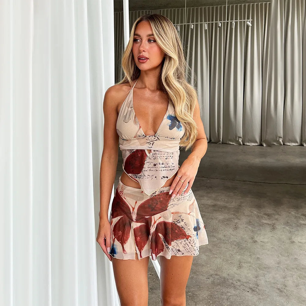 DressBetty -  Deep V-neck Floral Halter Mini Skirt