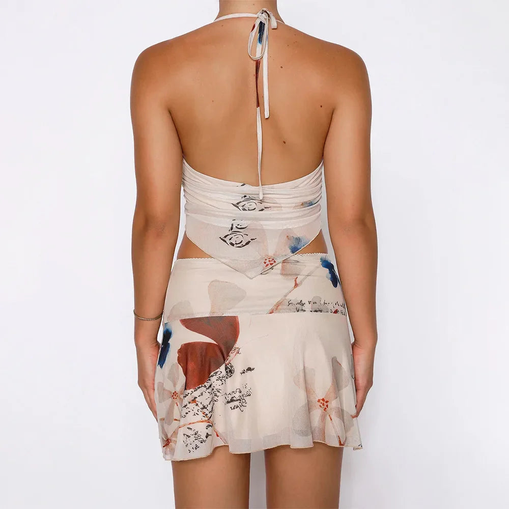 DressBetty -  Deep V-neck Floral Halter Mini Skirt