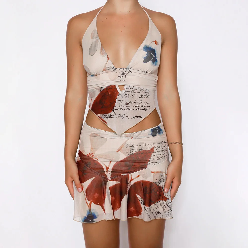 DressBetty -  Deep V-neck Floral Halter Mini Skirt