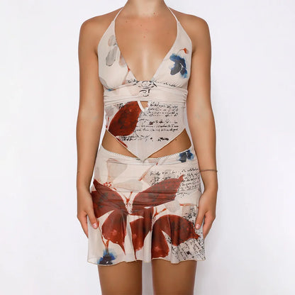 DressBetty -  Deep V-neck Floral Halter Mini Skirt