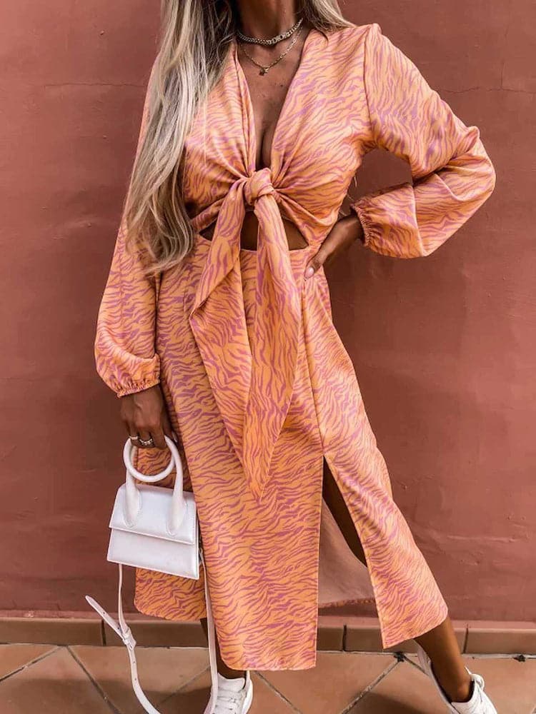 DressBetty - New Spring Long Sleeve Print Lace Up  Dress