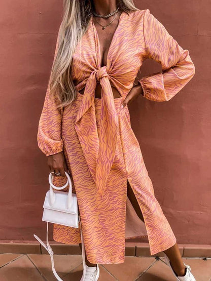 DressBetty - New Spring Long Sleeve Print Lace Up  Dress