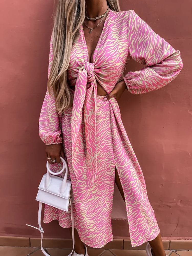 DressBetty - New Spring Long Sleeve Print Lace Up  Dress