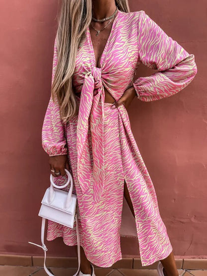 DressBetty - New Spring Long Sleeve Print Lace Up  Dress