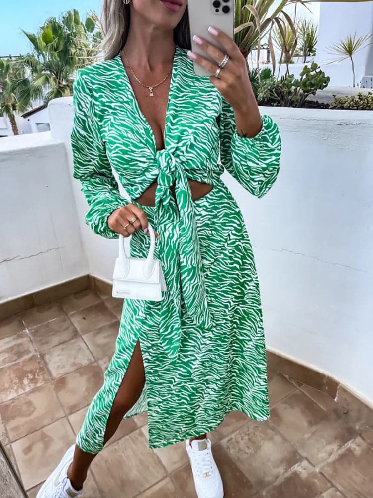 DressBetty - New Spring Long Sleeve Print Lace Up  Dress