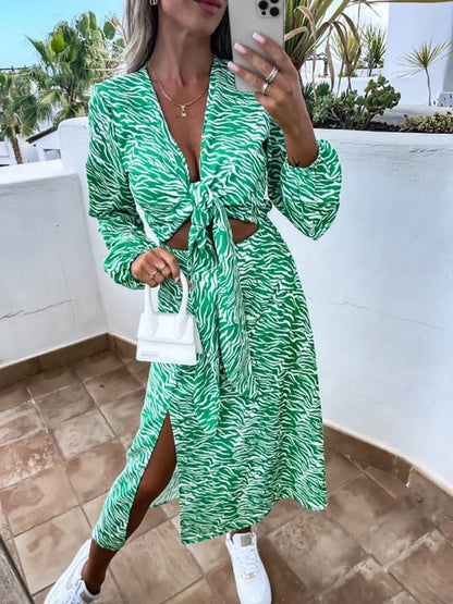 DressBetty - New Spring Long Sleeve Print Lace Up  Dress