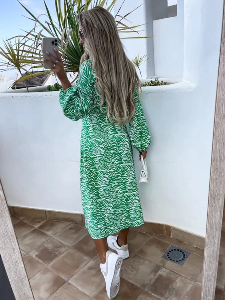 DressBetty - New Spring Long Sleeve Print Lace Up  Dress