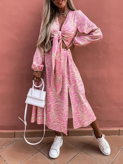 DressBetty - New Spring Long Sleeve Print Lace Up  Dress