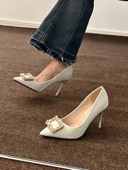 Casual Fashion Pearl Wedding Square Rhinestone  High Heel