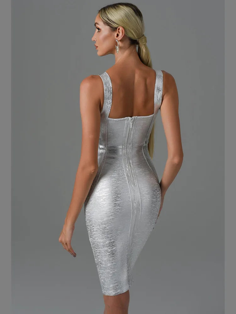 DressBetty - 2024 Summer  Sleeveless Backless Gold Bronzing Midi Bodycon Dress