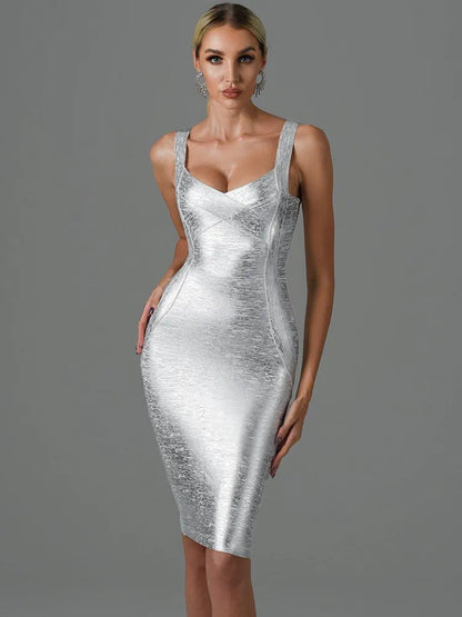 DressBetty - 2024 Summer  Sleeveless Backless Gold Bronzing Midi Bodycon Dress