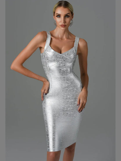 DressBetty - 2024 Summer  Sleeveless Backless Gold Bronzing Midi Bodycon Dress