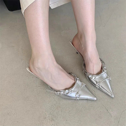 New Outdoor Square Mules Glitter Slides Multicolored Cover Toe High Low Heel Pumps