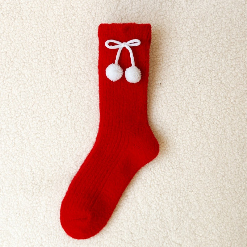 Embroidered Red Mid Calf Coral Fleece Cozy Socks