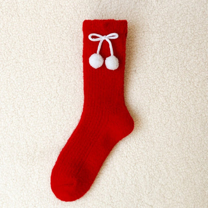 Embroidered Red Mid Calf Coral Fleece Cozy Socks