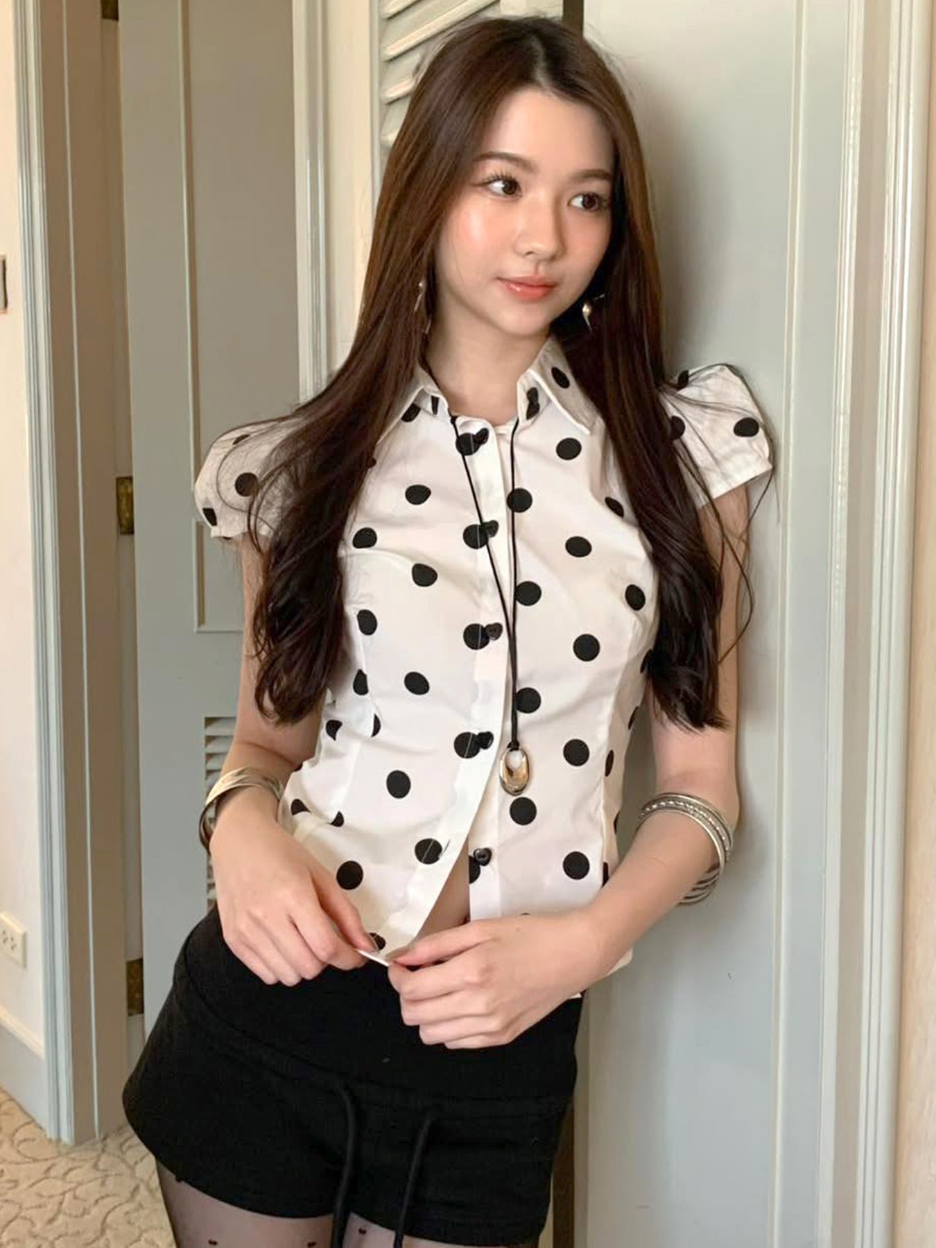 Blusa holgada de manga corta con estampado de lunares vintage