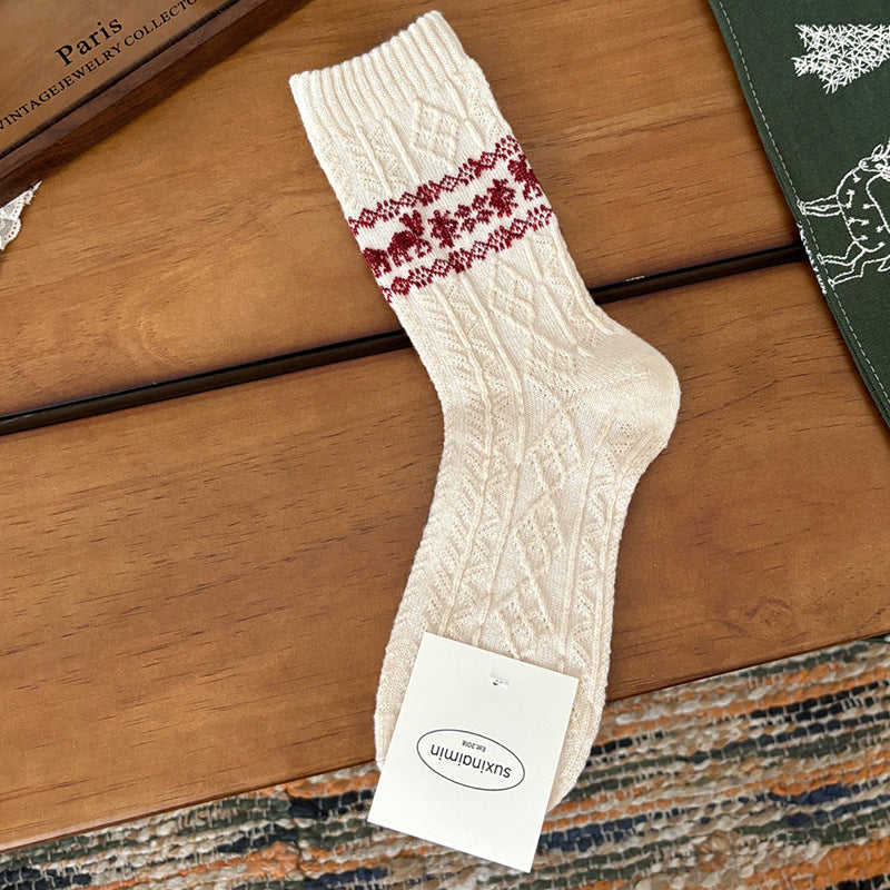 Calcetines largos de lana estilo retro, cálidos, con diseño de alce