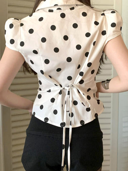 Blusa holgada de manga corta con estampado de lunares vintage