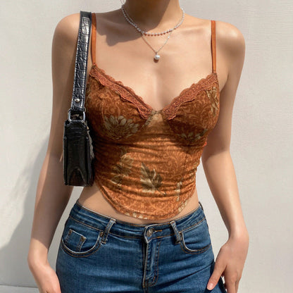 Top lencero vintage con estampado de hojas de arce