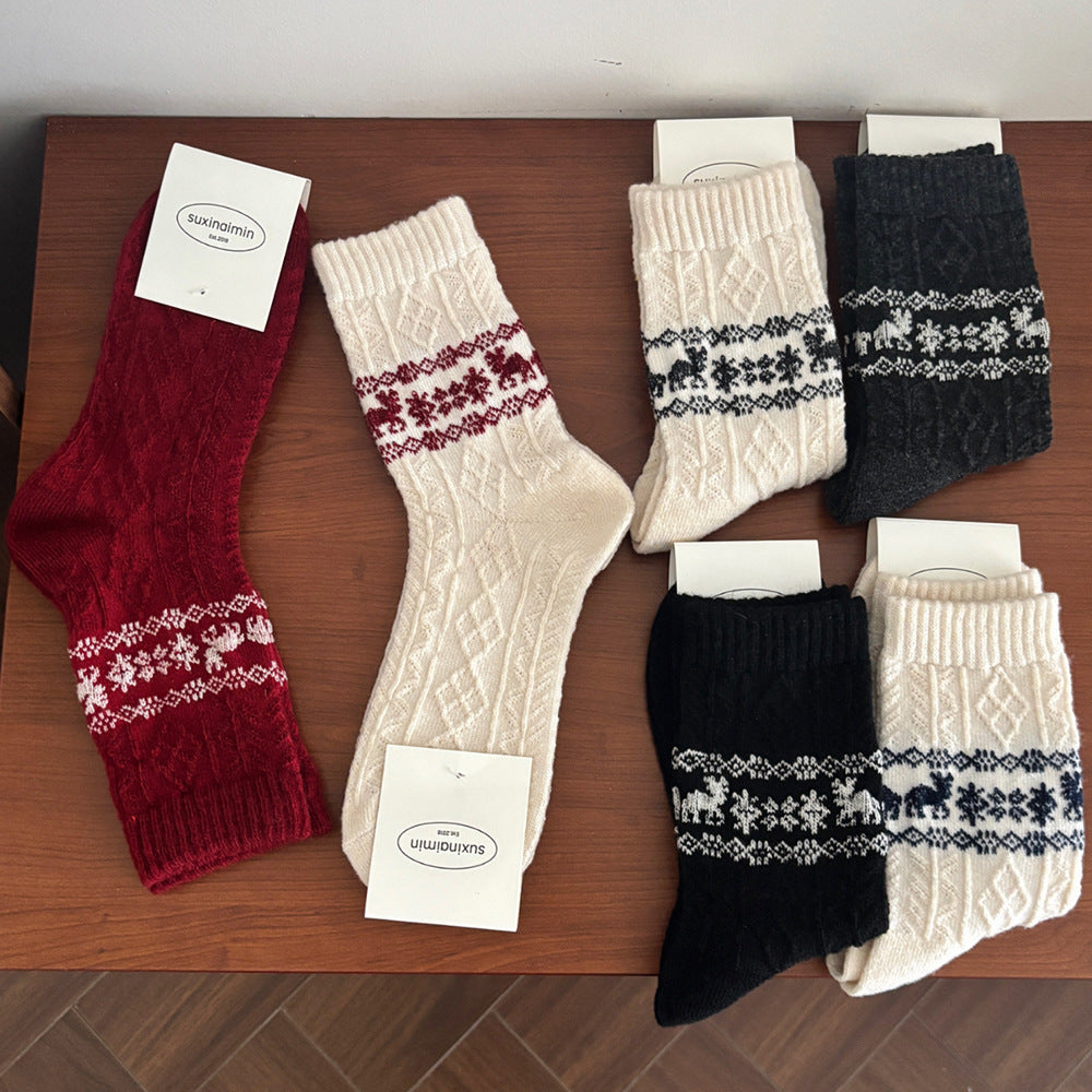 Calcetines largos de lana estilo retro, cálidos, con diseño de alce