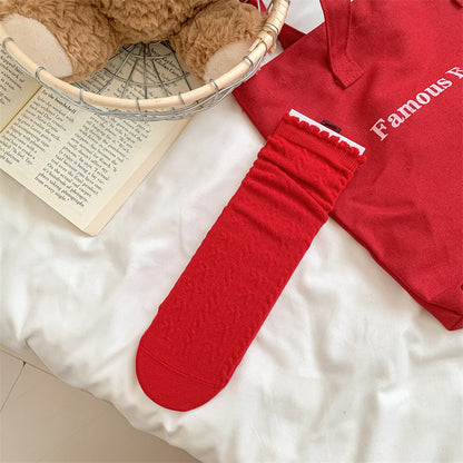Slouchy Red Combed Cotton Mid Calf Chic Socks