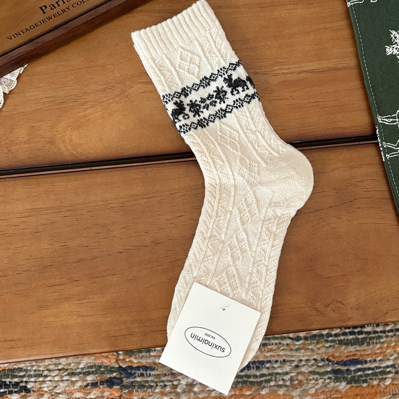 Calcetines largos de lana estilo retro, cálidos, con diseño de alce