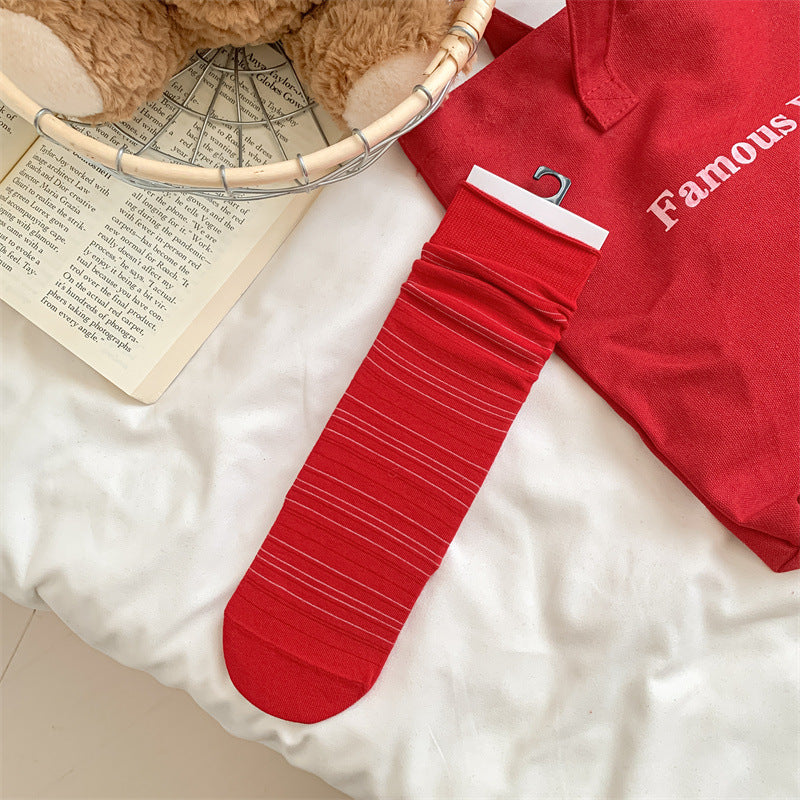 Slouchy Red Combed Cotton Mid Calf Chic Socks