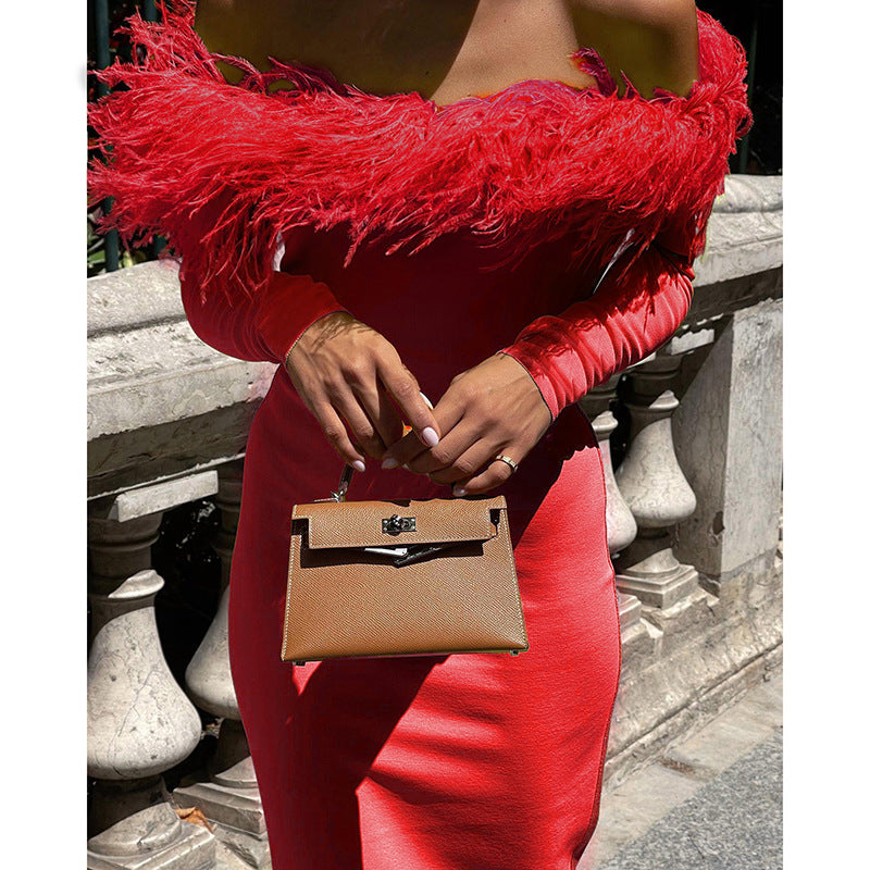 DressBetty - Fur Collar Off Shoulder Dress