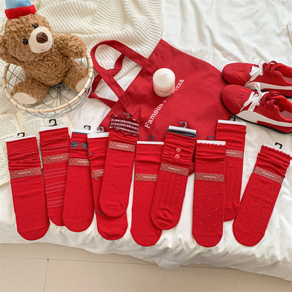 Slouchy Red Combed Cotton Mid Calf Chic Socks