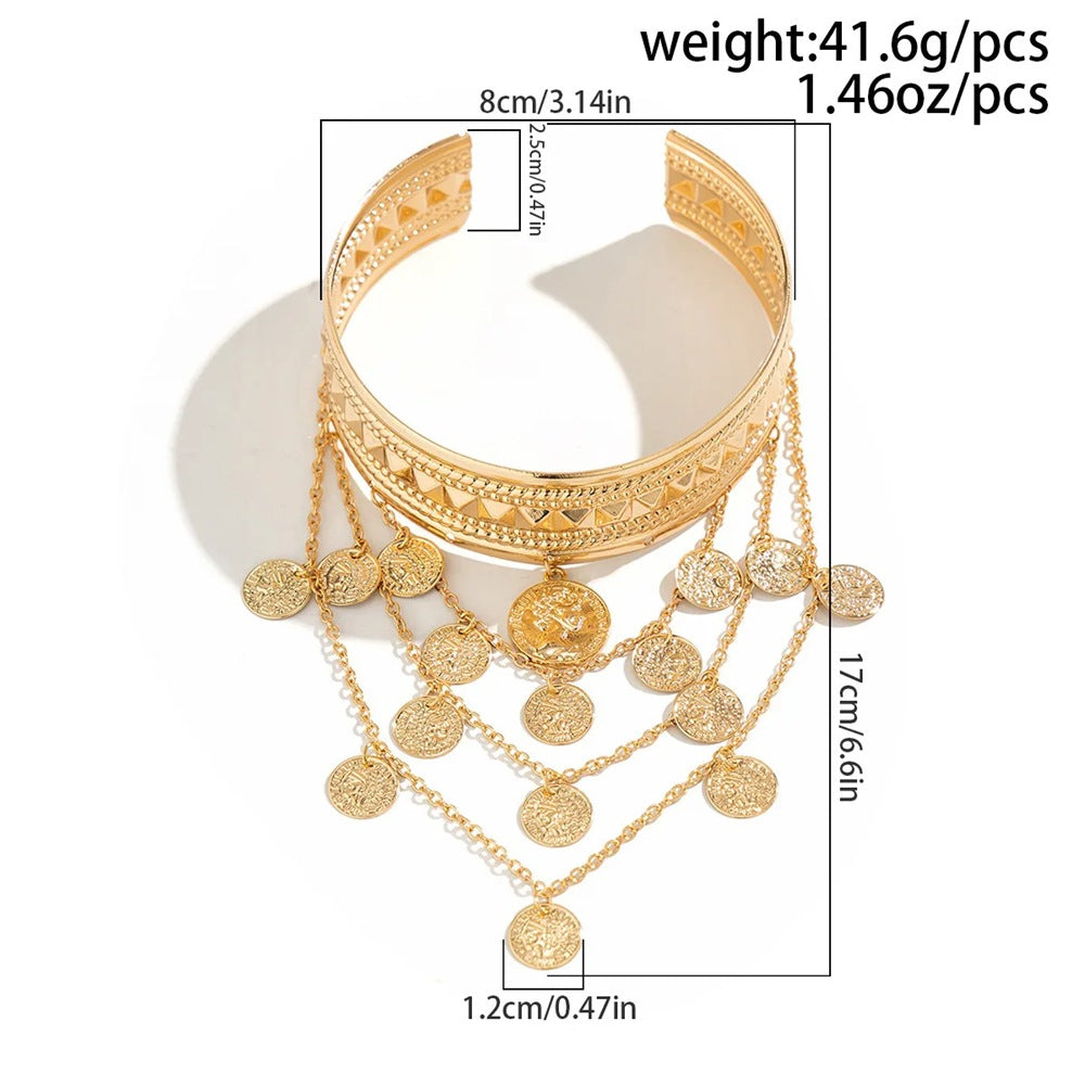 Metal Leaf Coin Tassel Open Bracelet