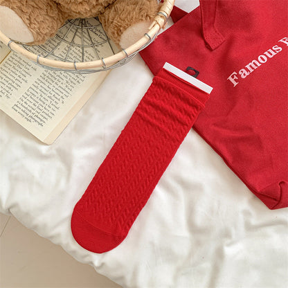 Slouchy Red Combed Cotton Mid Calf Chic Socks