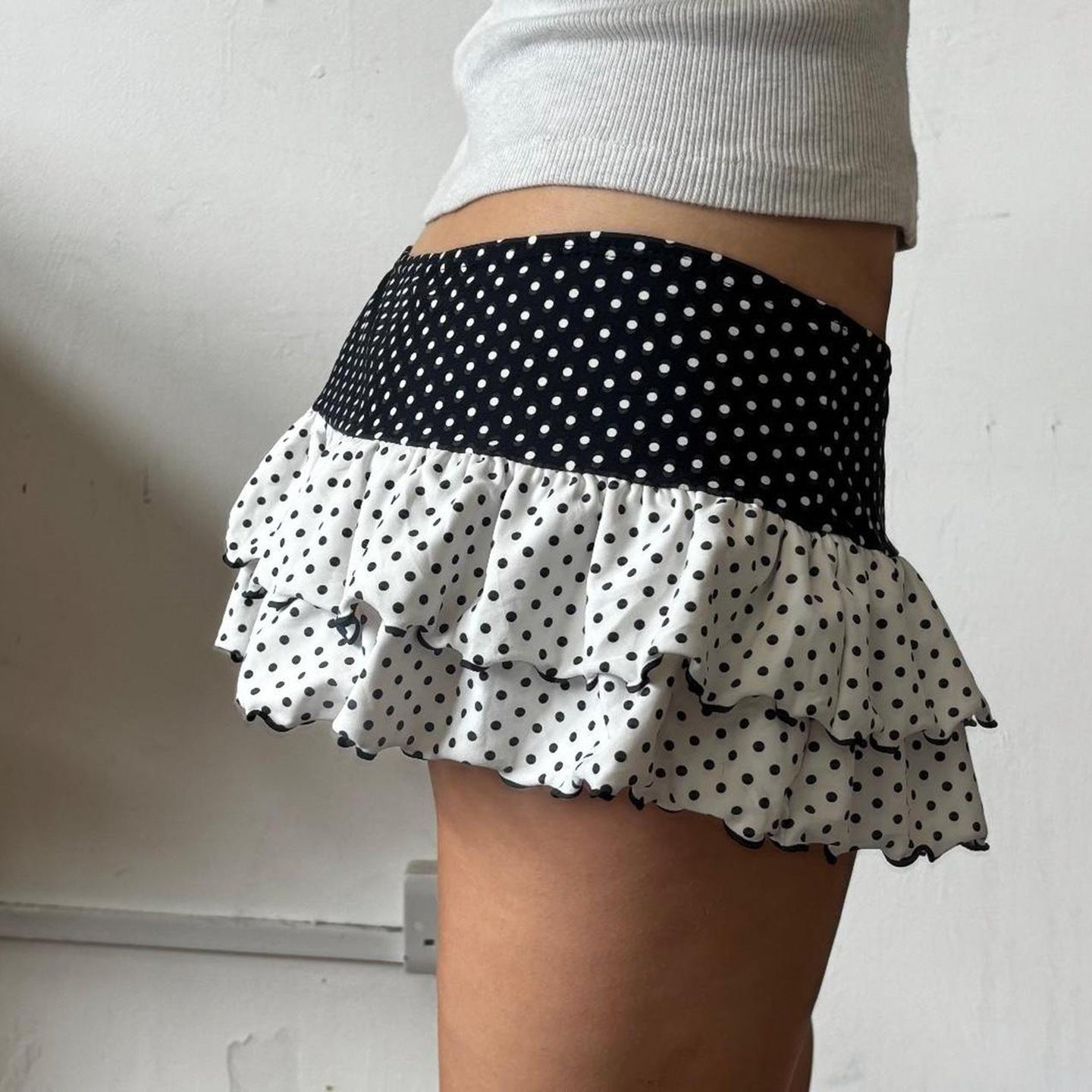 Polka Dot Patchwork Color Block Cute Tiered Slim Mini Skirt