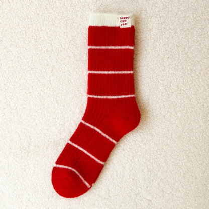 Embroidered Red Mid Calf Coral Fleece Cozy Socks