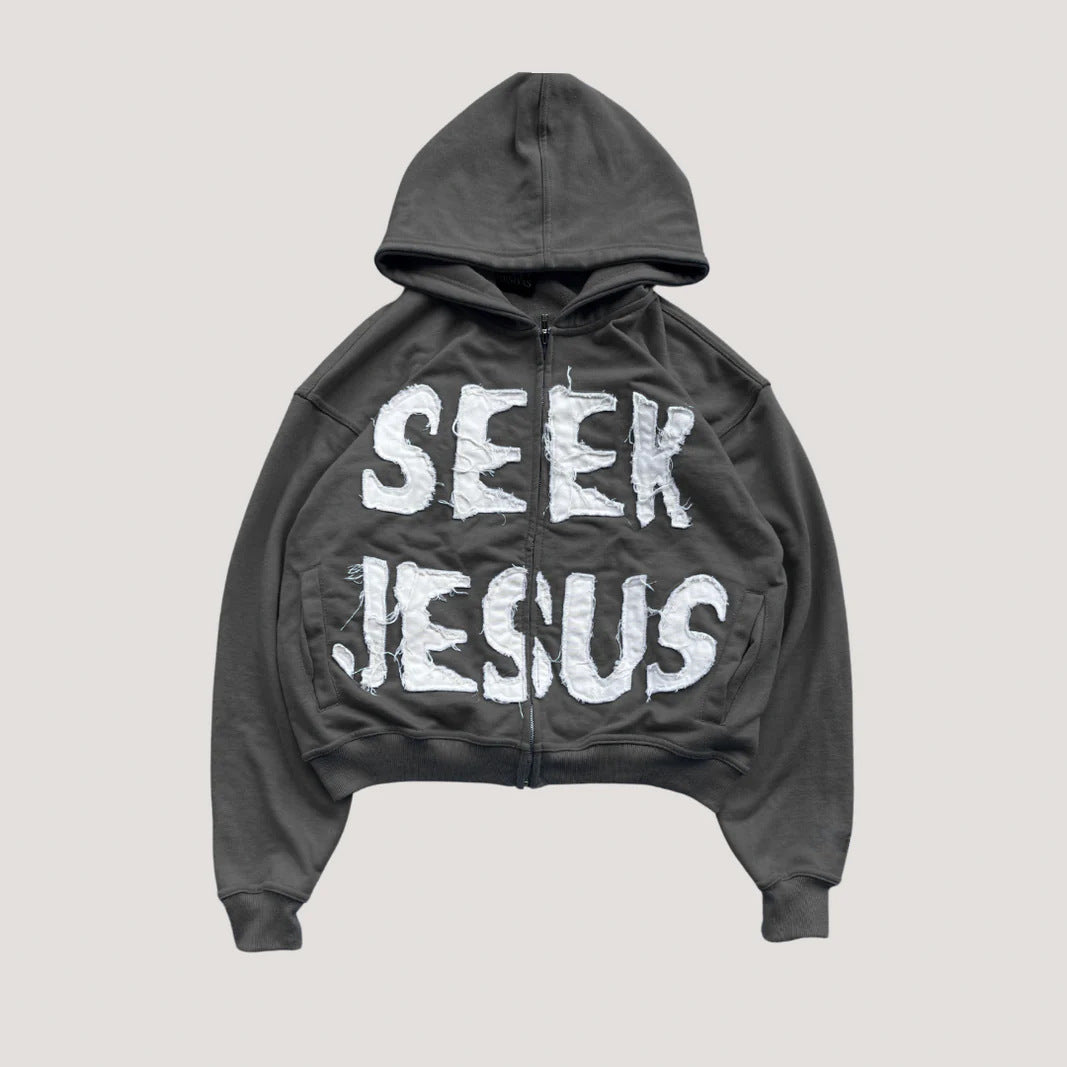 Letter Print Hooded Zip-Up Hoodie