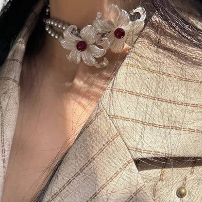 Iris Flower Silver Pearl NeckLace