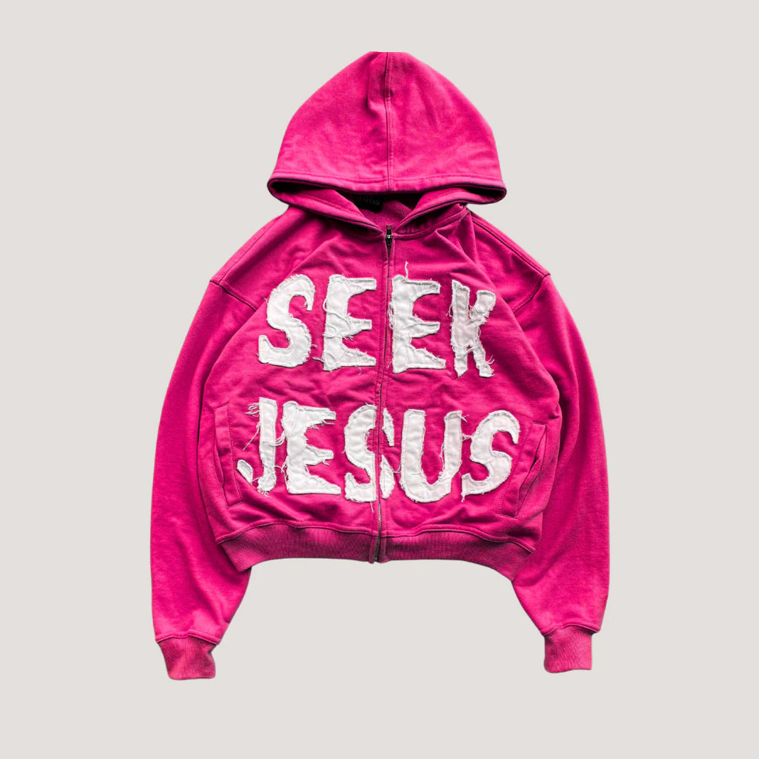 Letter Print Hooded Zip-Up Hoodie