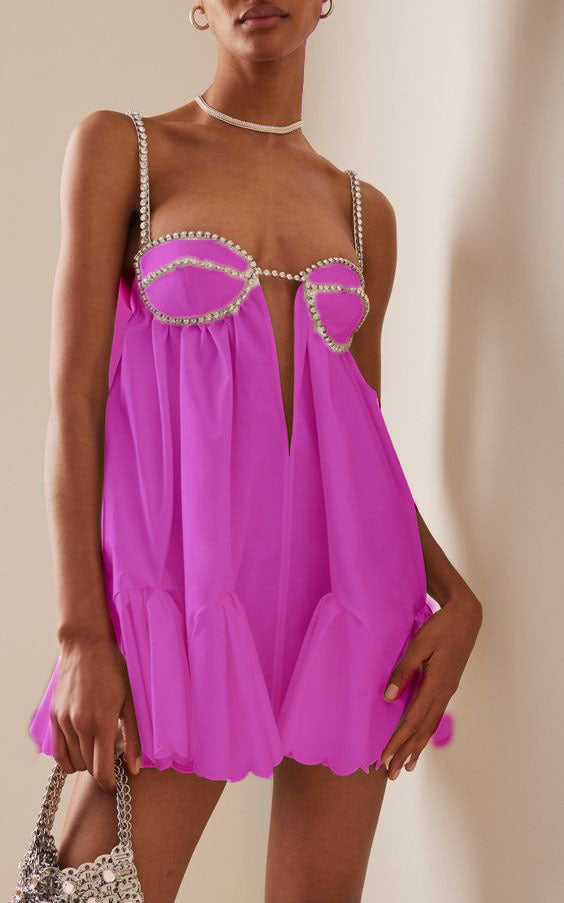 Pleated Rhinestone Cami Mini Dress