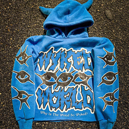 Sudadera con capucha con cuernos de diablo con estampado urbano estilo Y2K