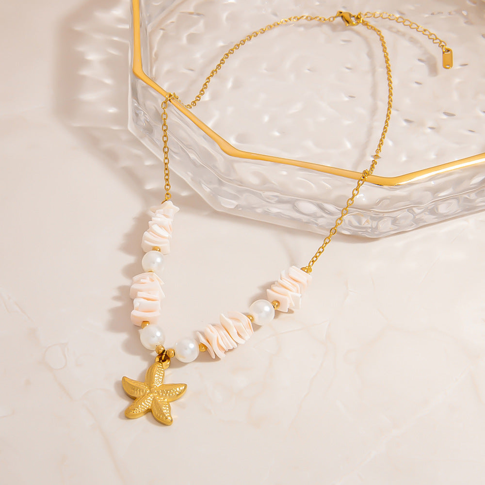 Collar de acero inoxidable con perla, estrella de mar y sol de piedra natural
