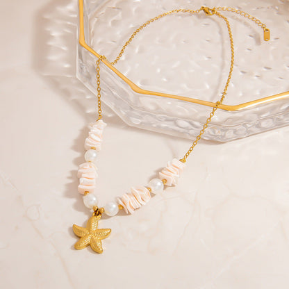 Collar de acero inoxidable con perla, estrella de mar y sol de piedra natural