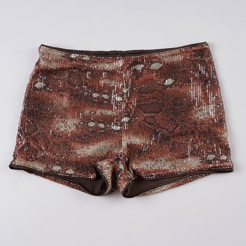 Pantalones cortos de tiro bajo de lentejuelas de piel de serpiente vintage
