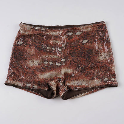 Pantalones cortos de tiro bajo de lentejuelas de piel de serpiente vintage