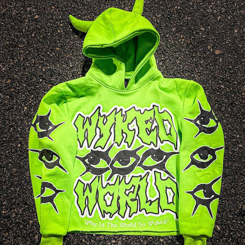 Sudadera con capucha con cuernos de diablo con estampado urbano estilo Y2K