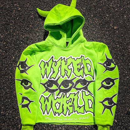 Sudadera con capucha con cuernos de diablo con estampado urbano estilo Y2K