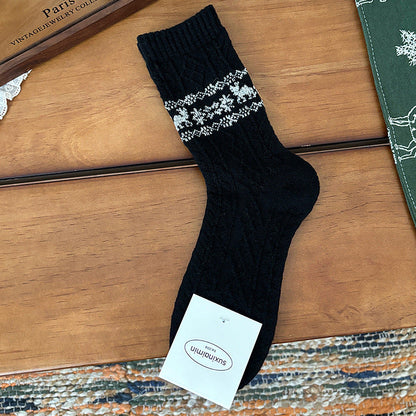 Calcetines largos de lana estilo retro, cálidos, con diseño de alce