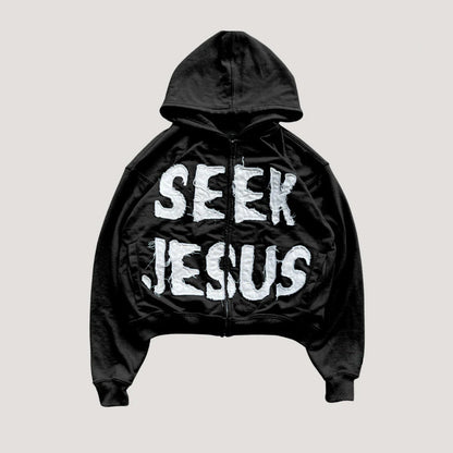 Letter Print Hooded Zip-Up Hoodie