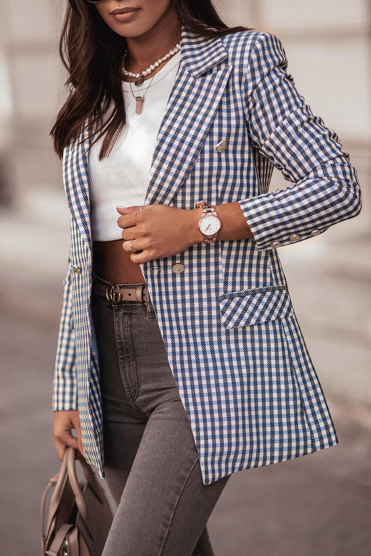 DressBetty - Double Breasted Plaid Blazer