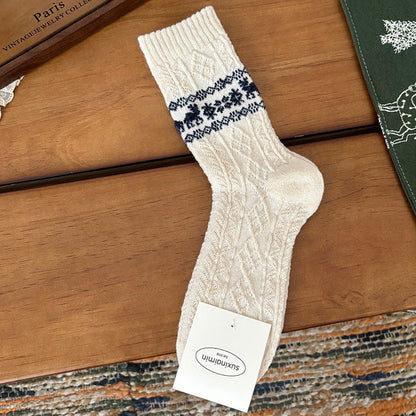 Calcetines largos de lana estilo retro, cálidos, con diseño de alce