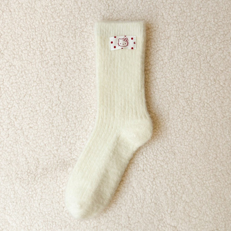 Embroidered Red Mid Calf Coral Fleece Cozy Socks